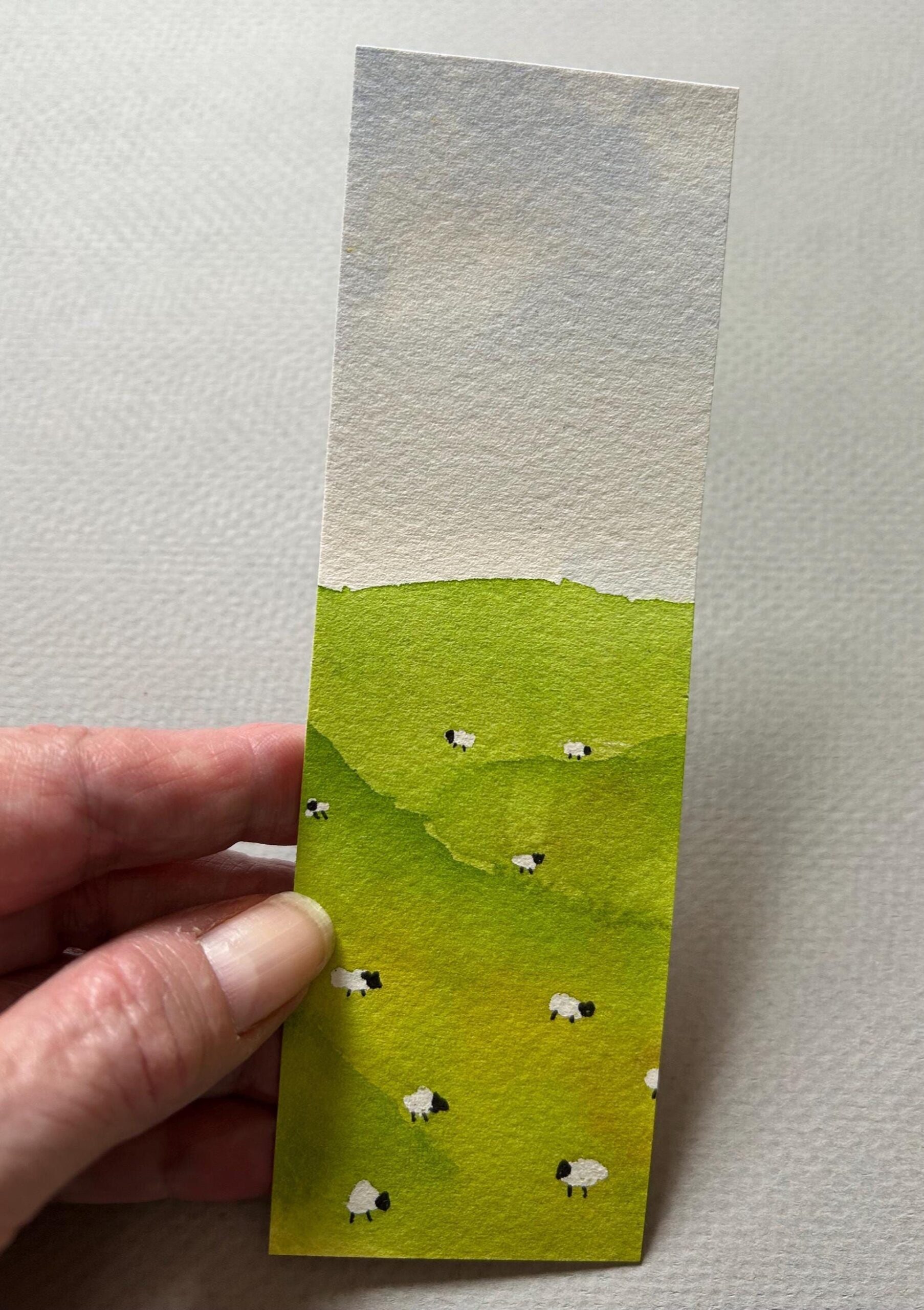 Watercolor Sheep Hills Bookmark, Hand Painted Countryside Landscape, Unique Book Lover Gift, Cozy Reading Accessory