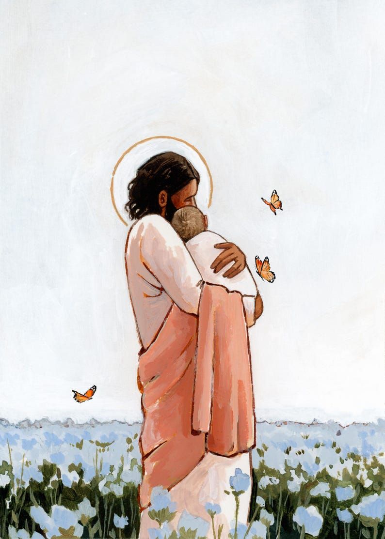 Among the Forget Me Nots- Jesus Holding Angel Baby Art Print, Pregnancy & Infant Loss – Etsy