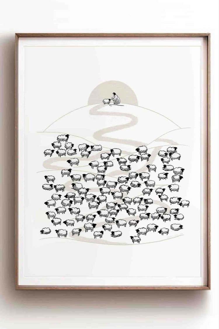 Jesus Leaves the 99 Sheep, Bible Sketch, Shepherd Wall Art, One Lost Sheep, Christian Modern Print