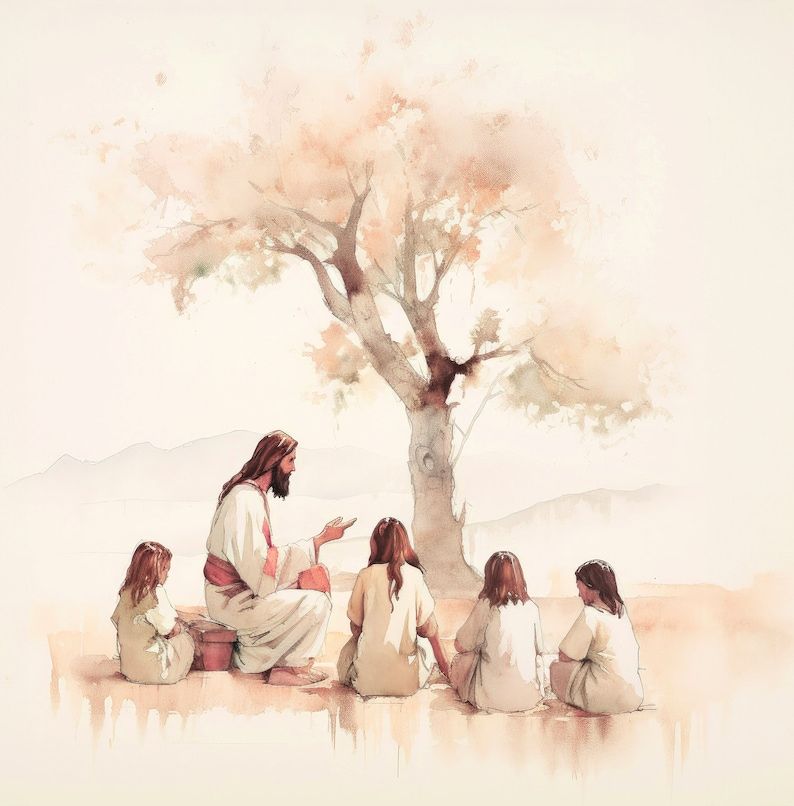 Jesus Teaching Children Landscape, Digital Print, Minimalist Printable Jesus Watercolor Wall Art Painting, Bible Scripture Sketches Products – Etsy Australia