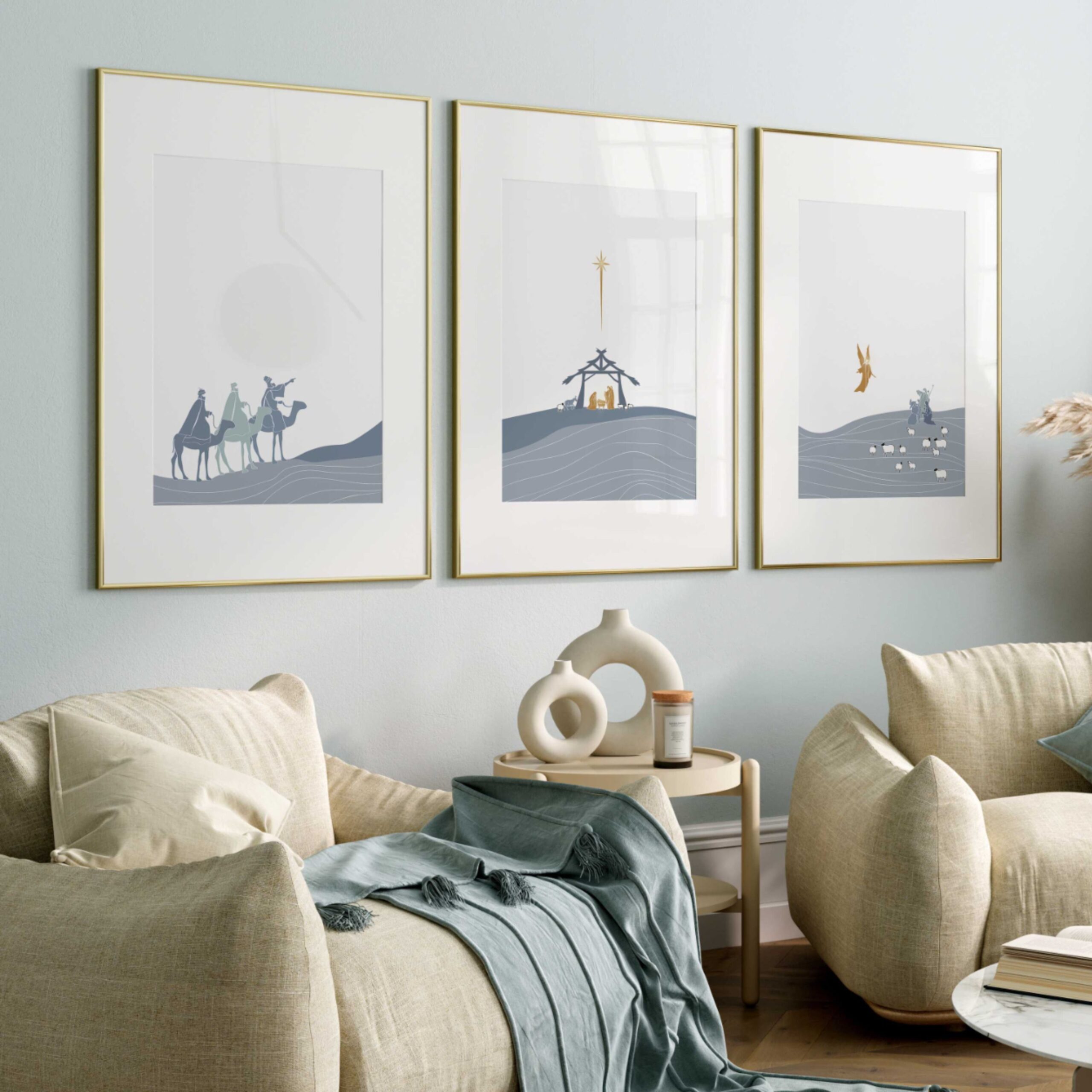 Set of 3 Modern Nativity Prints, Birth of Jesus Christ Art, Christmas Wall Art, Nativity Scene