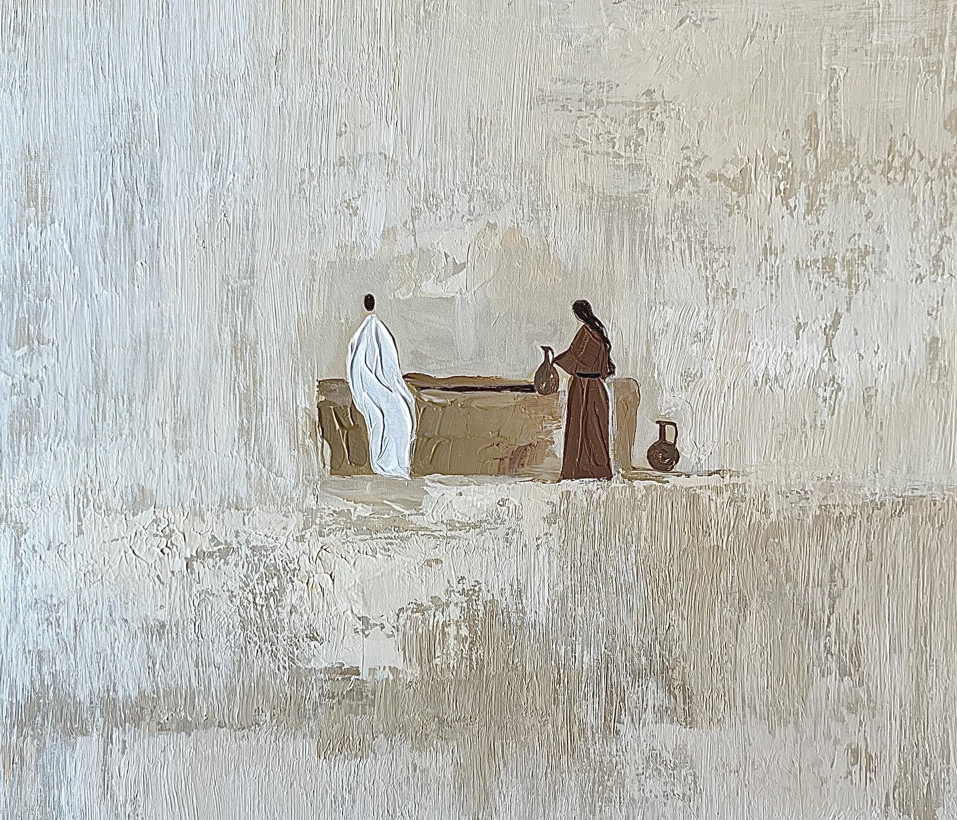 Woman at the well hand painting, ORIGINAL ART, baptism decor, pink art, Jesus and woman, christian pink modern art