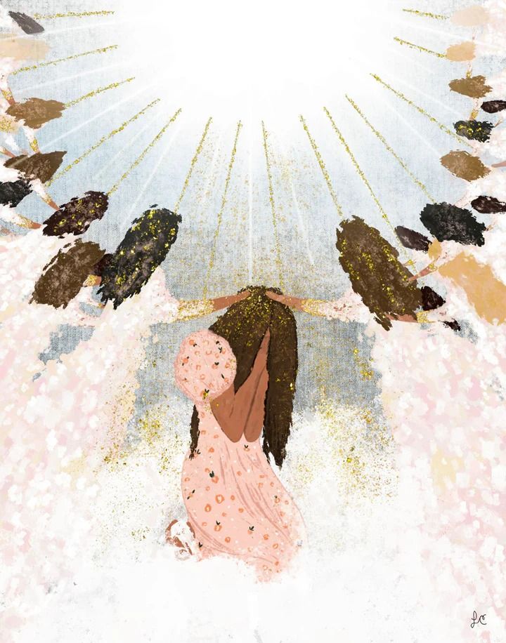 Broken and Beautiful by Lacey Christenson girl kneeling with hands over her face hair covering her face angels surrounding her with hands on her head rays of light