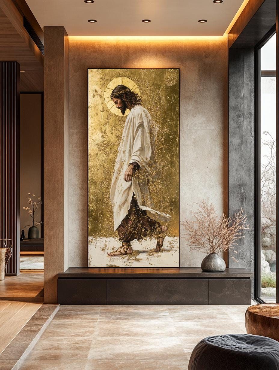 Jesus Christ Golden Canvas Painting, Religious Wall Art, Christian Home Decor, Faith-Based Artwork, Sacred Savior Print, Large Canvas Gift