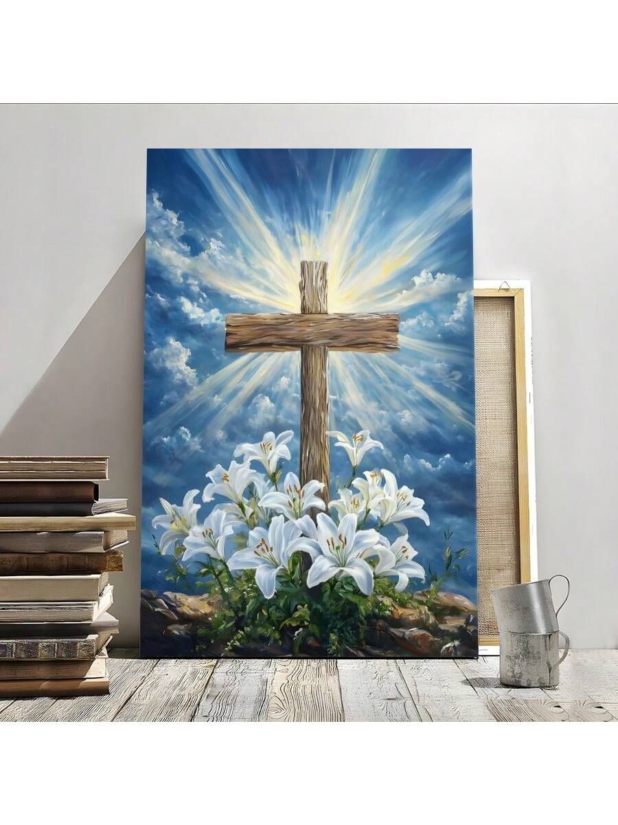 1 Pc Framed Beautiful Cross With Lilies And Radiant Light Perfect Easter And Spiritual Wall Art Textured Canvas Poster Painting Wall Decor For Bedroom Living Room, Ready To Hang