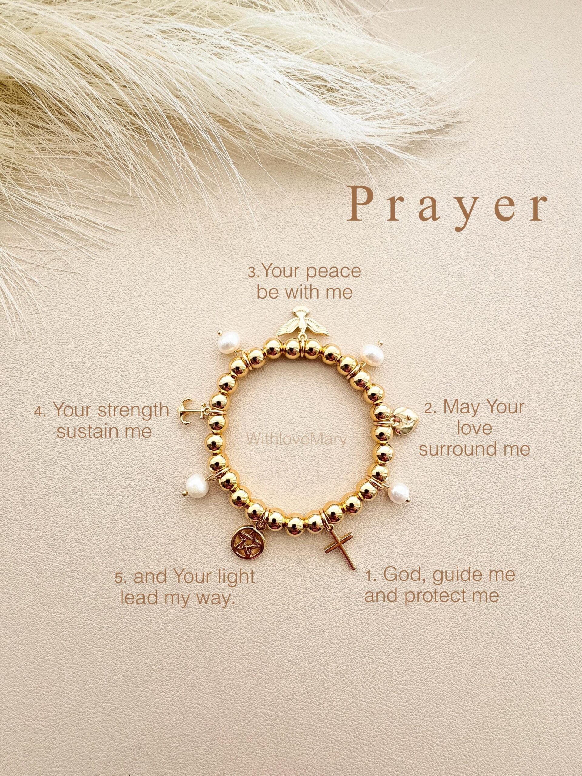 Prayer Bracelet | 18k Gold Plated Stretch Bracelet with Natural Freshwater Pearls | Christian Jewelry Gift.