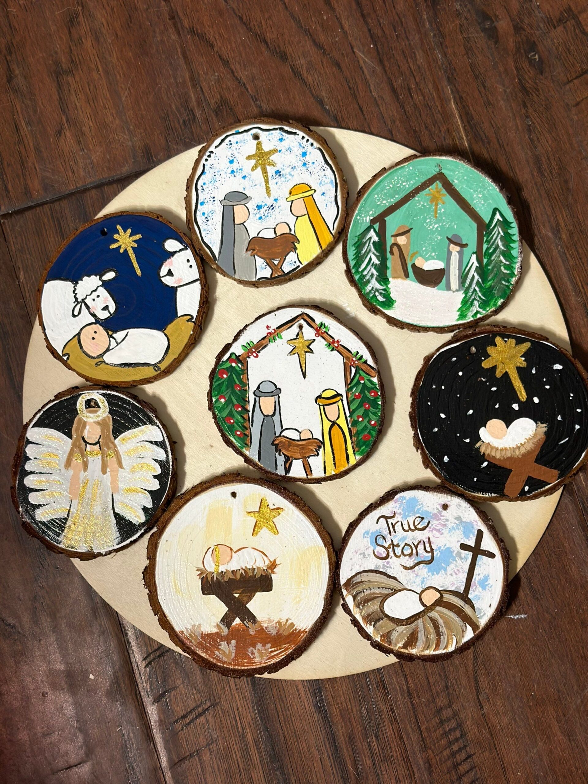 Hand painted manger ornament