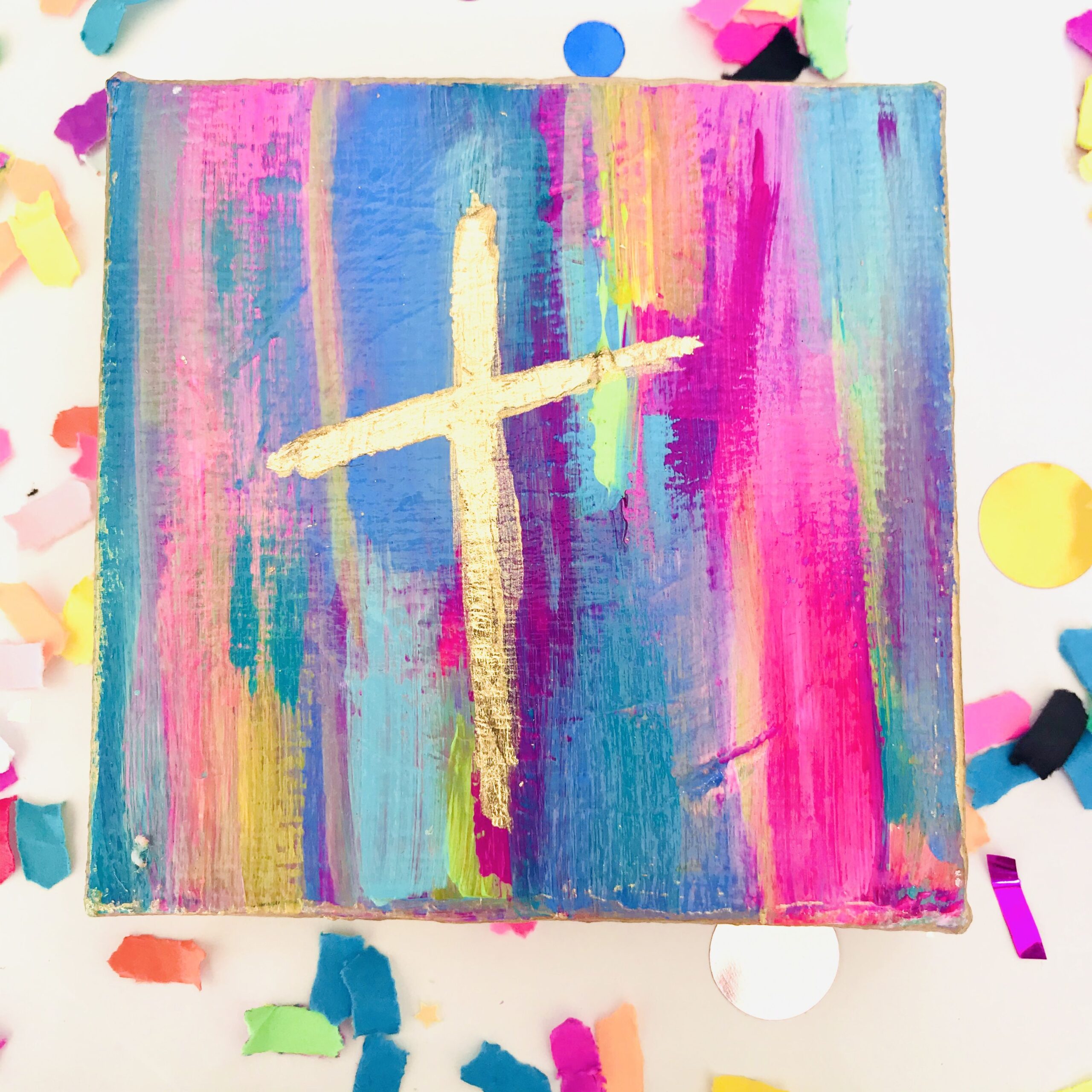 Colorful Abstract Cross Mini Canvas Painting | Abstract Gold Cross Art | Easter Décor | Easter Gift