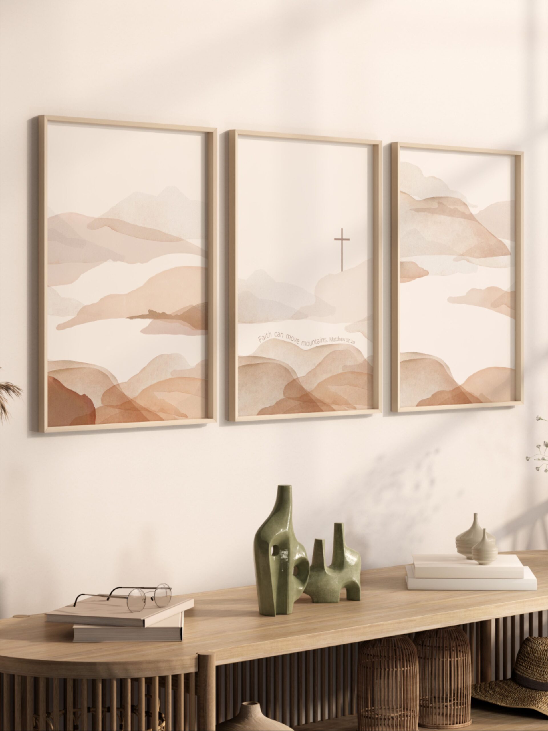 Faith can move mountains Matthew 17:20 Bible Verse Printable Wall art set of 3, Boho Christian art