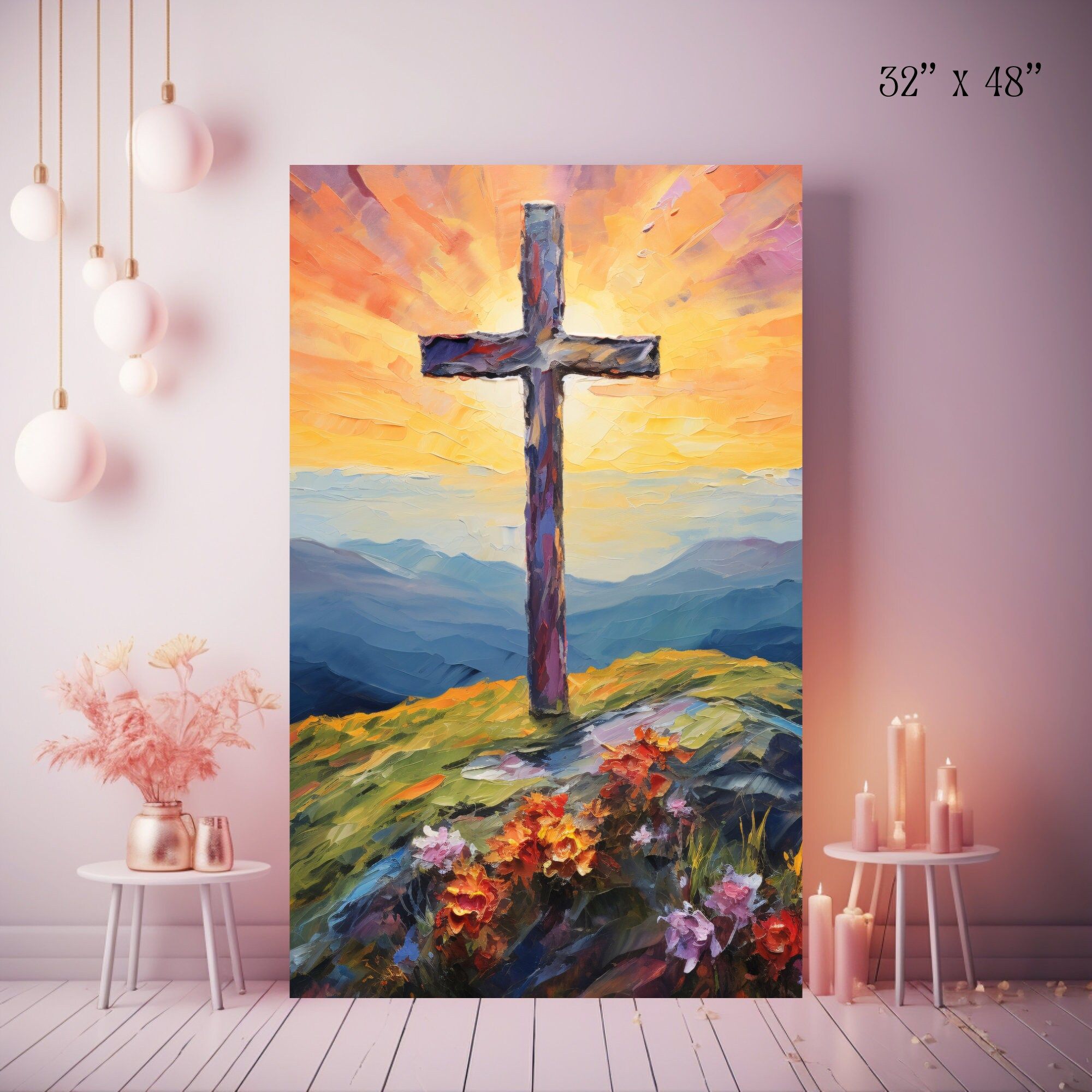 Leinwand “”Eternal Blooms” Impasto Kreuz Gemälde, Christliches Thema Kunstwerk, Religiöses Wohnzimmer Kunst, Wohnkultur Statement, Kruzifix Kunstwerk.