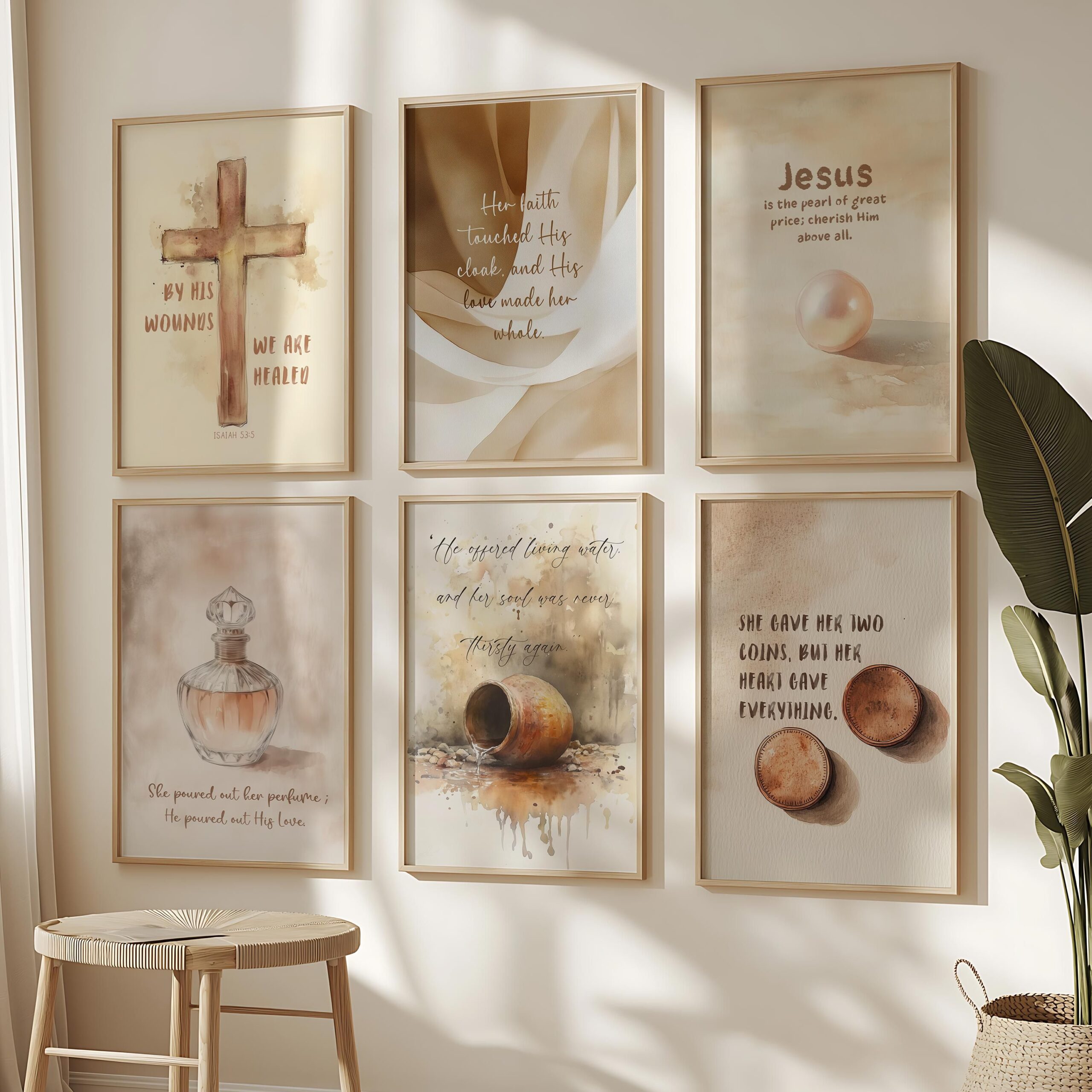 Set of 6 Christian Wall Art, Isaiah 53:5, A woman healed by Jesus, Woman at the Well, Watercolor Bible Verse Printable, Christian Art Prints