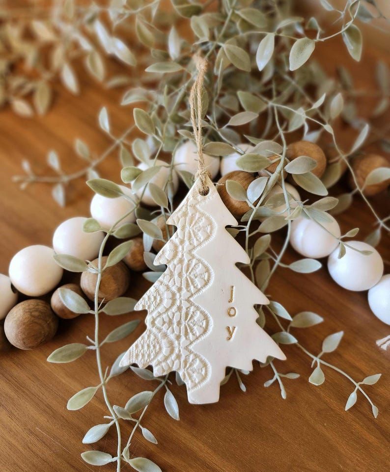 Handmade Clay Christmas Ornament: White Lace Tree, Gold Leaf Lettering – Etsy