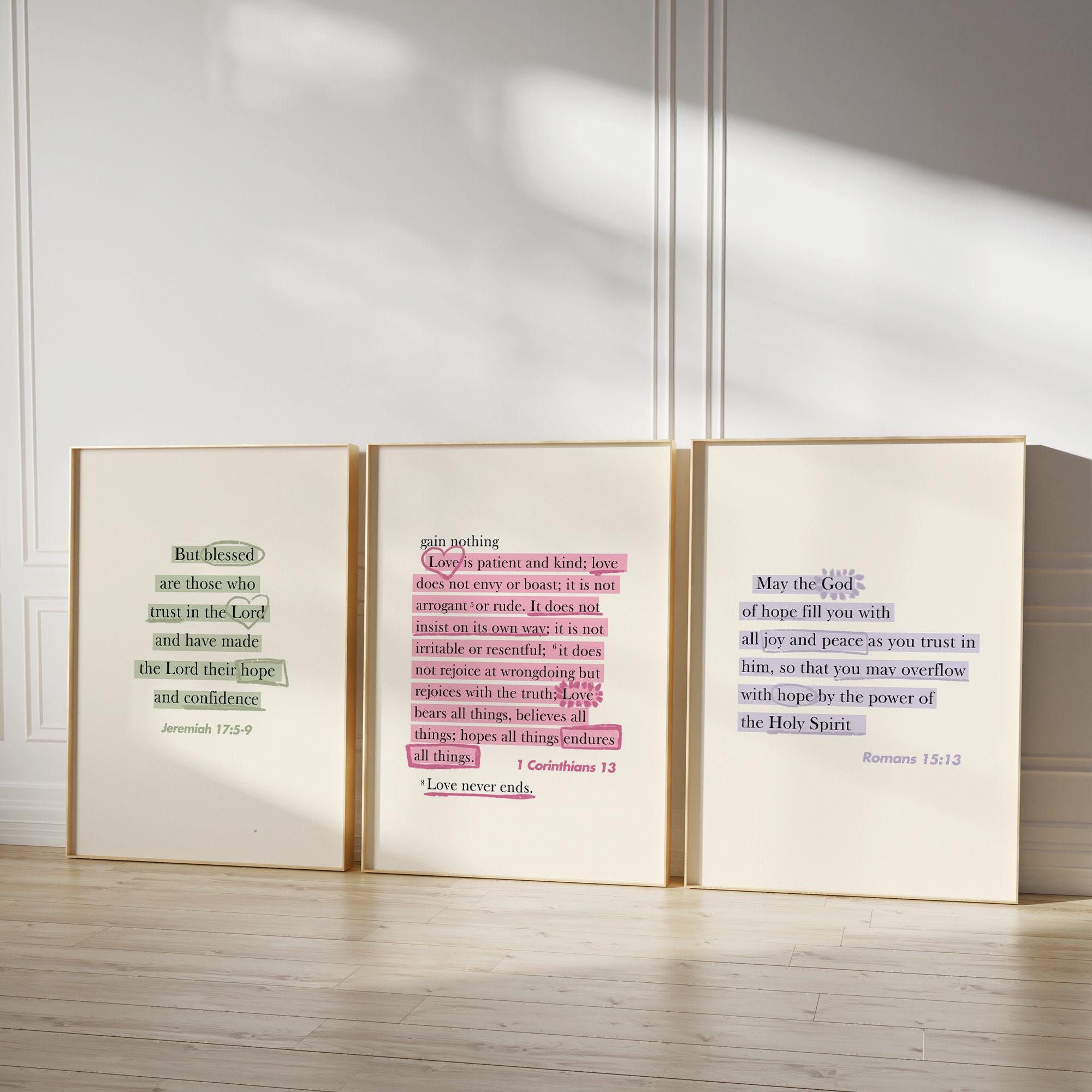 Set of 3 Bible Verse Wall Art, Scripture Print, Modern Christian Wall Art, Jesus Quote Wall Art, Christian Gift For Her Corinthians Script