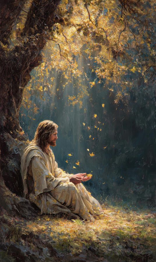 Jesus – Serene Moment Under Autumn Tree #6 by SampadArt Gallery