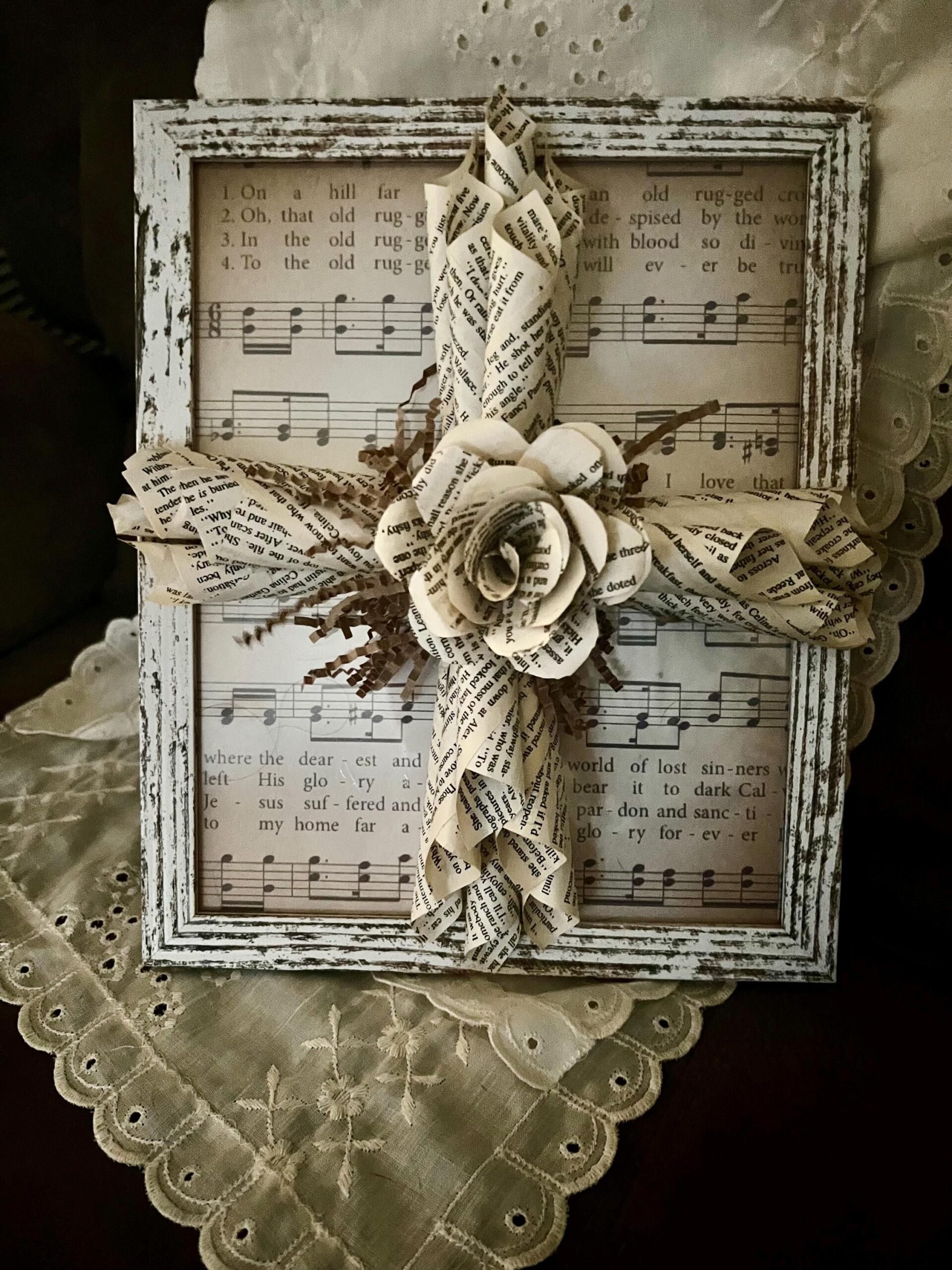 The Old Rugged Cross. Handmade, book page cross. Pages were hand rolled, roses were hand cut, petal by petal. Made to order, prepaid!