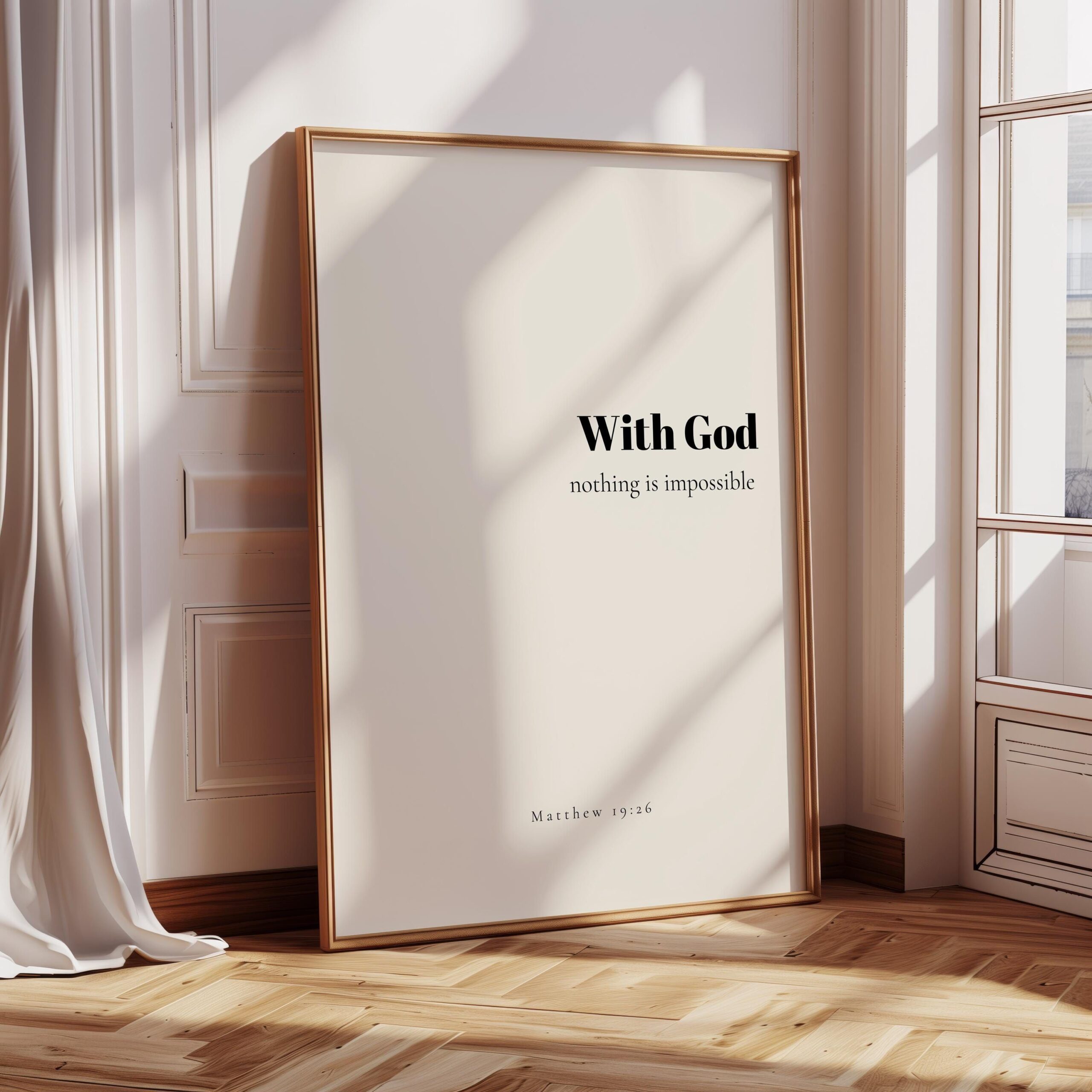 Mit Gott ist nichts unmöglich Matthäus 19:26 Minimalistisches Dekor, Schriftdruck mit mutigen Typografie-Bibel-Versdrucken