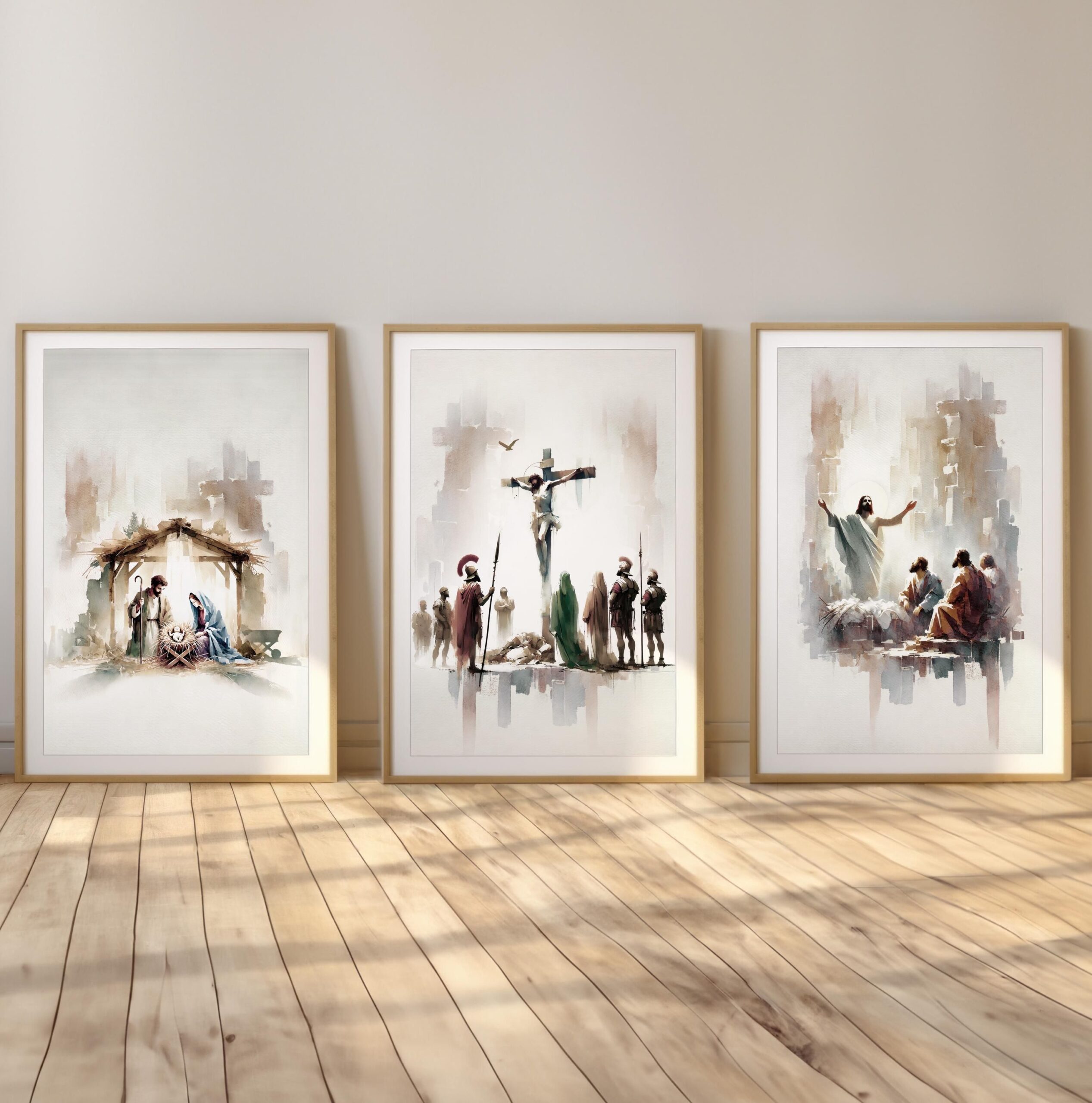 The Life of Jesus Christ Triptych, Digital Print, Watercolor wallart, Spiritual Bible art, Minimal Modern Christian Wall, Home Decor Artwork