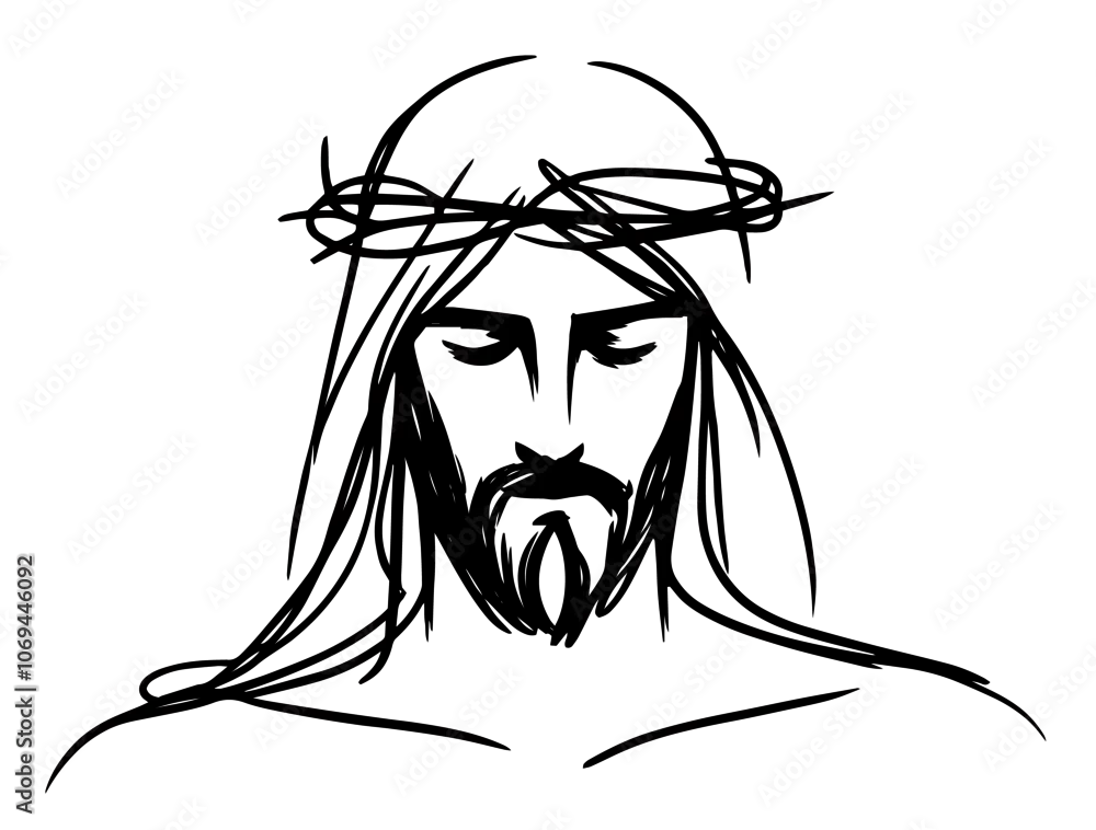 Praca wektorowa bez tantiem: Jesus Christ illustration symbolizing faith and spirituality monoline oneline line-art | Adobe Stock