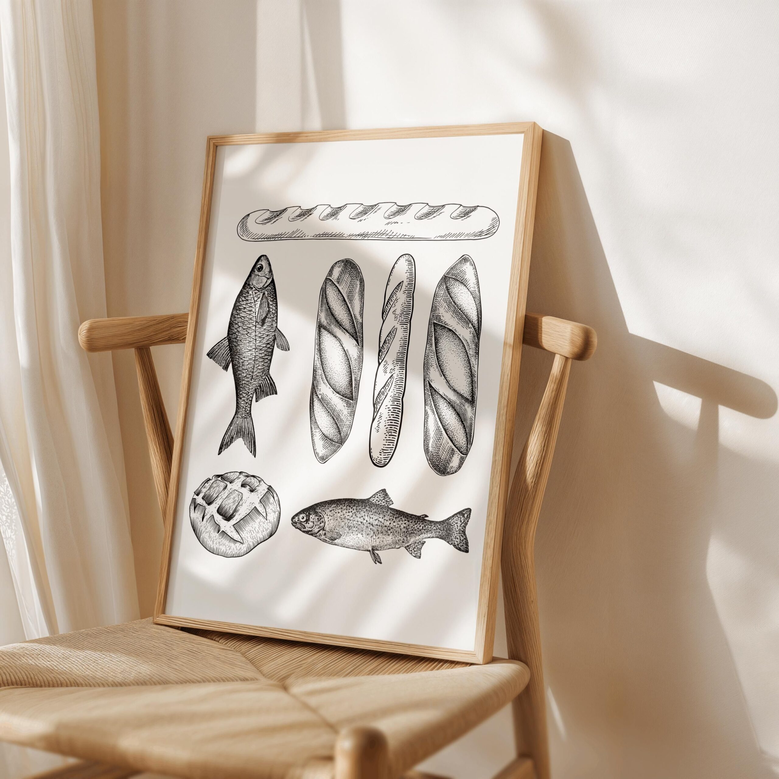 Jesus füttert die 5000 zwei Fische fünf Brote Linie Kunst Wohnheim Raumdekor christlicher Druck katholisches religiöses Wandkunst druckbares ästhetisches Plakat