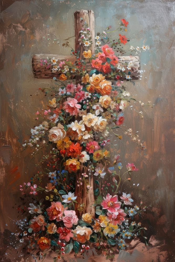 Download premium image of A wooden Christ cross adorned with flowers painting art fragility. about easter oil painting, christmas painted flowers, graphics prompt, christmas lights illustrations, and grave flowers 13818978