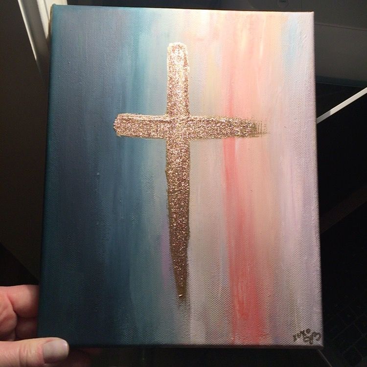 From Darkness to Light Glitter Cross on Canvas Navy to Blush pink ombre