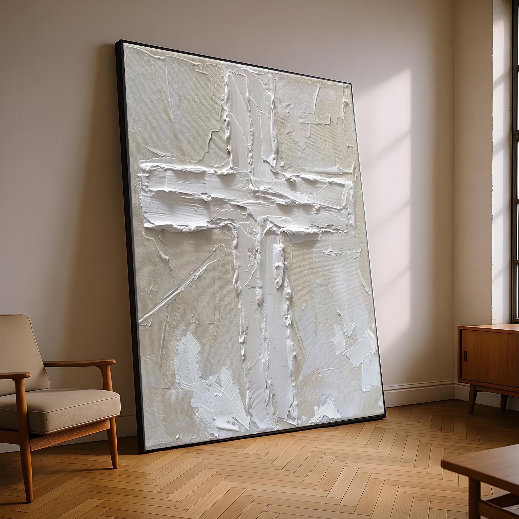 Minimalist   white cross on neutral canvas, sacred modern Christian artwork symbolizing purity, faith, and devotion
