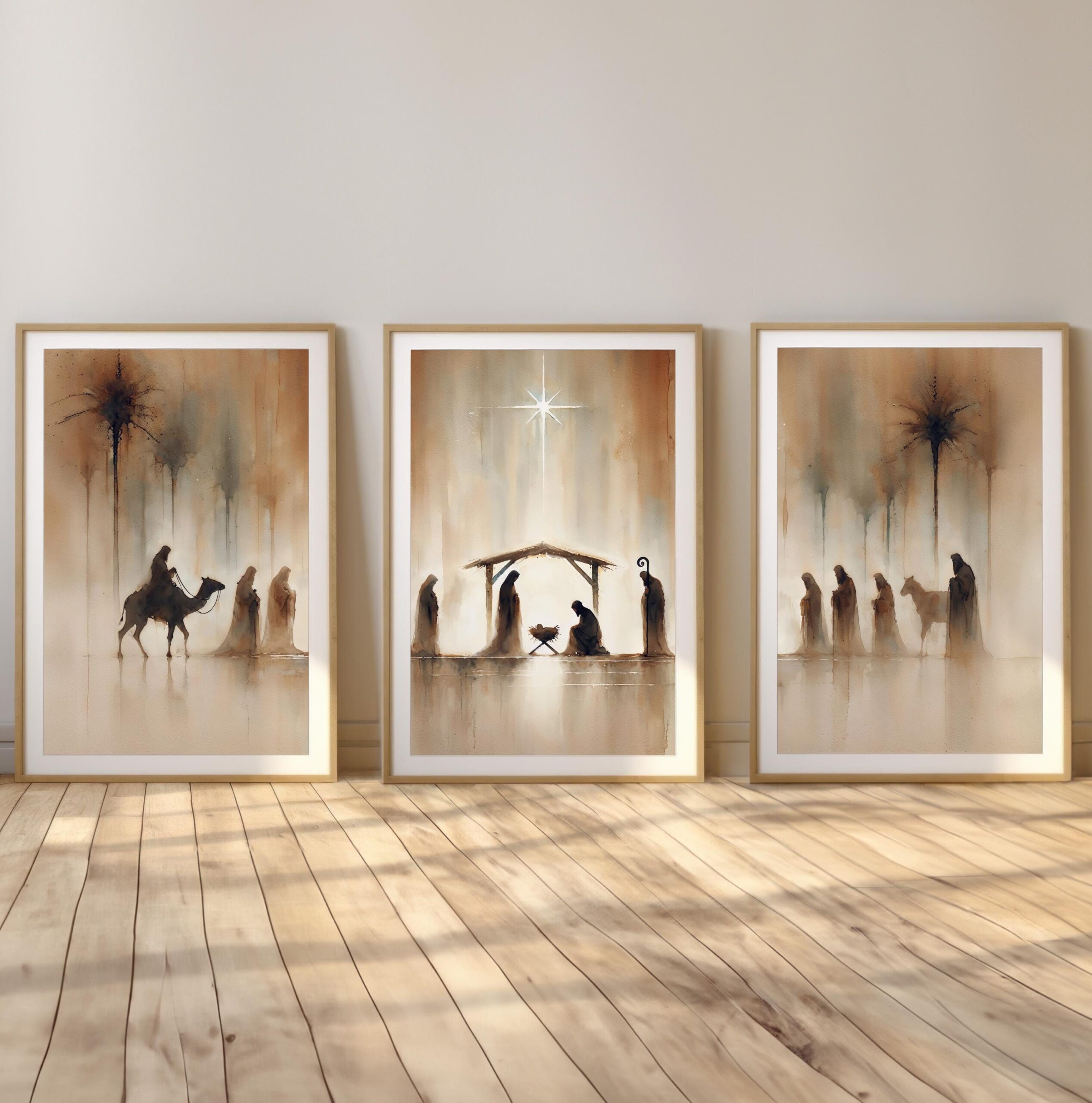 Set of Nativity Watercolor Wall Art | Christmas Triptych | Minimalist Bible Christian | Religious Wall Decor | Faith-Based Home Artwork