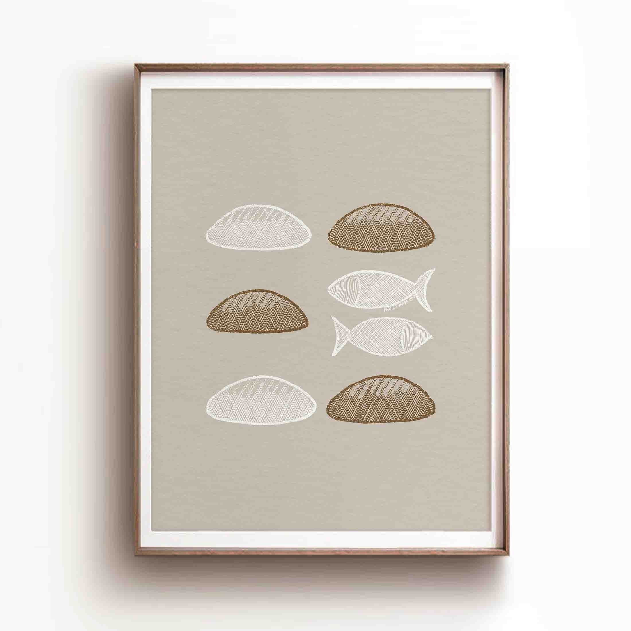 5 Loaves of Bread and 2 Fish DIGITAL DOWNLOAD, Bible Sketches Art, Jesus Feeds 5000 God provides Wall Art, Christian Gift Modern Jesus print