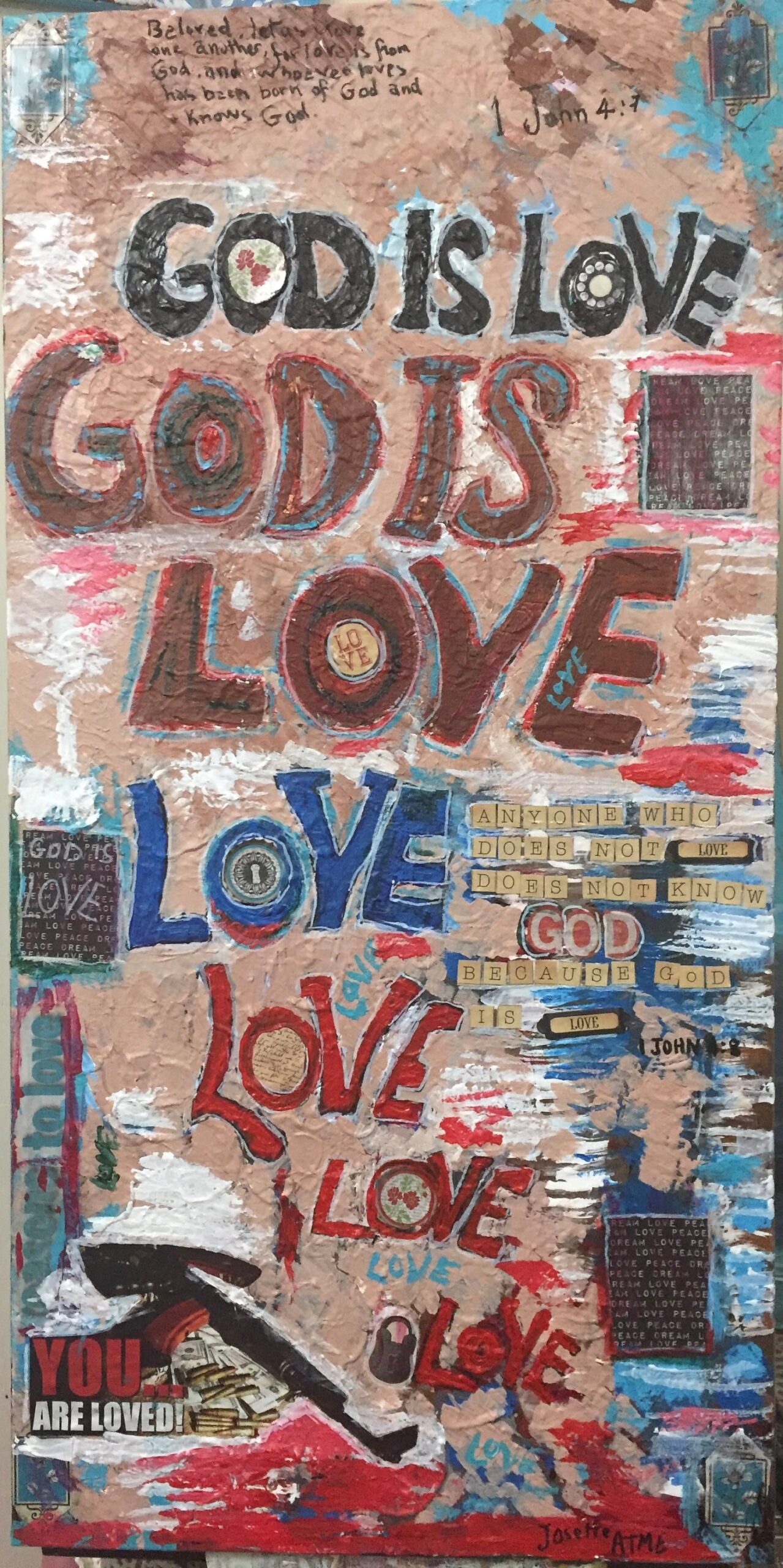 Mixed Media Gott ist Liebe von Josette Atme. Größe 30” X 16”