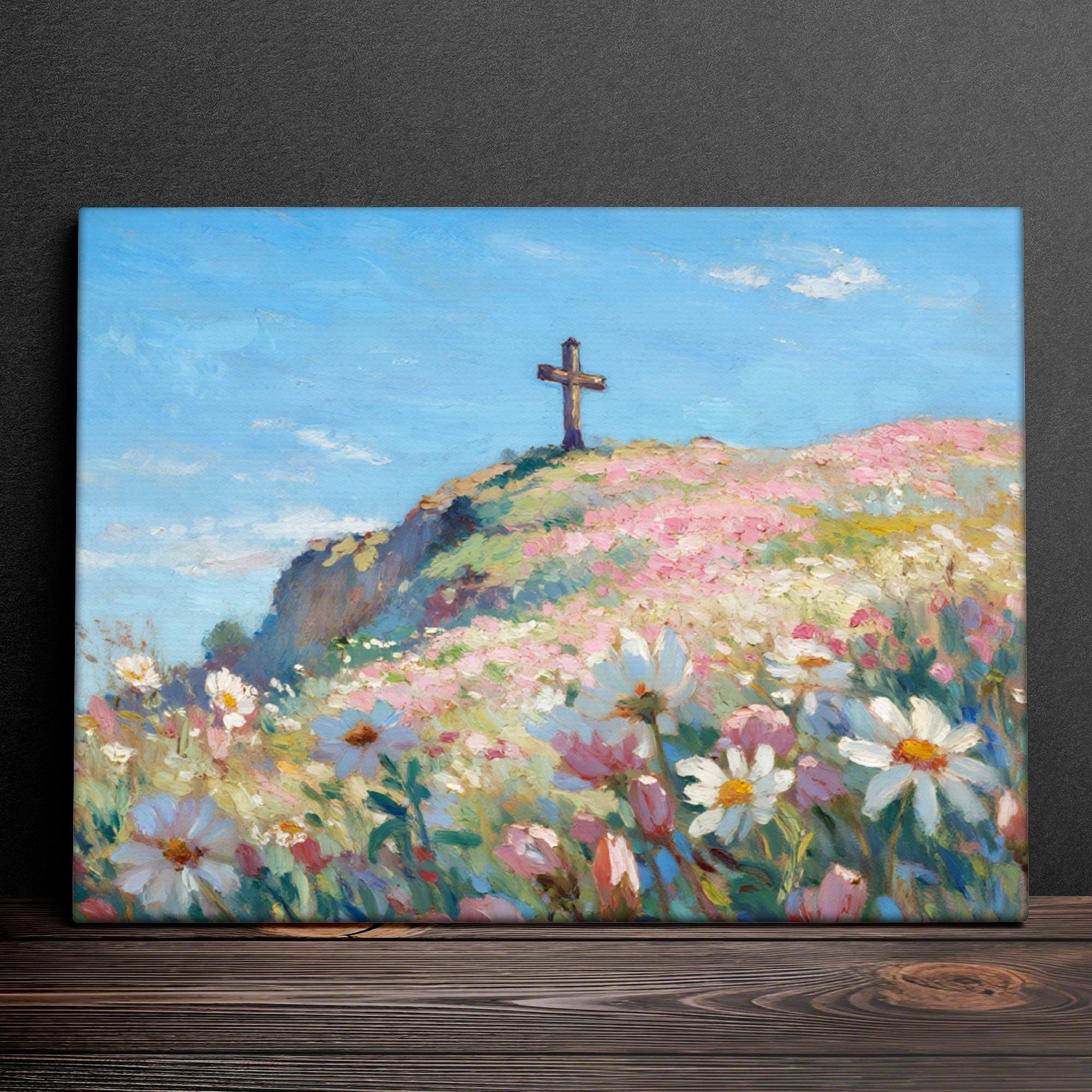 Buy 3 Get 1 Free,Jesus Resurrection Cross on Hill with Flowers,Christian Wall Art, Jesus Wall Art, Christian Painting, Digital Jesus Art