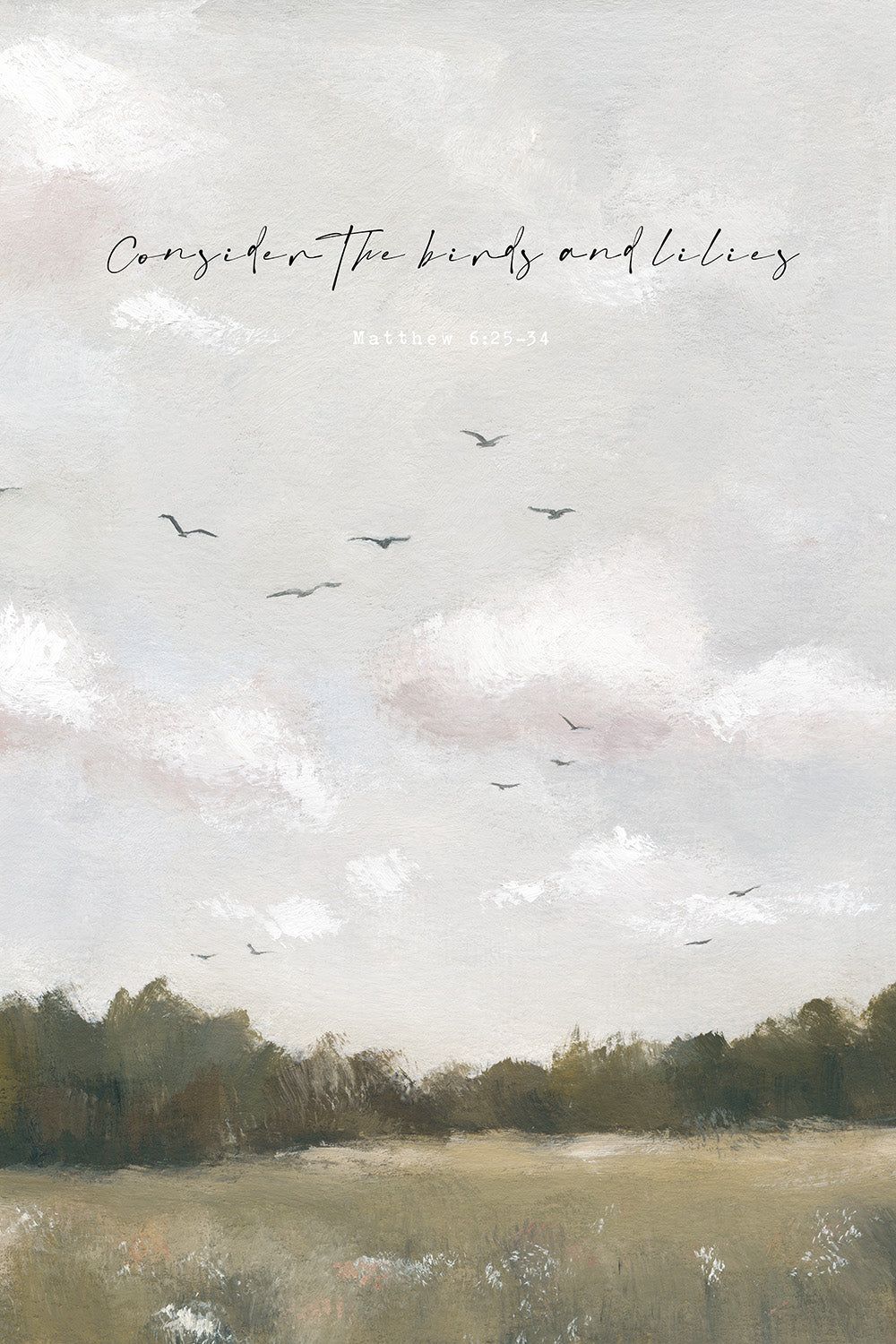 Modern Vintage Christian Art Print of Birds & Florals | Matthew 6 | “Field & Feather” – 30×40 / Fine Art Paper