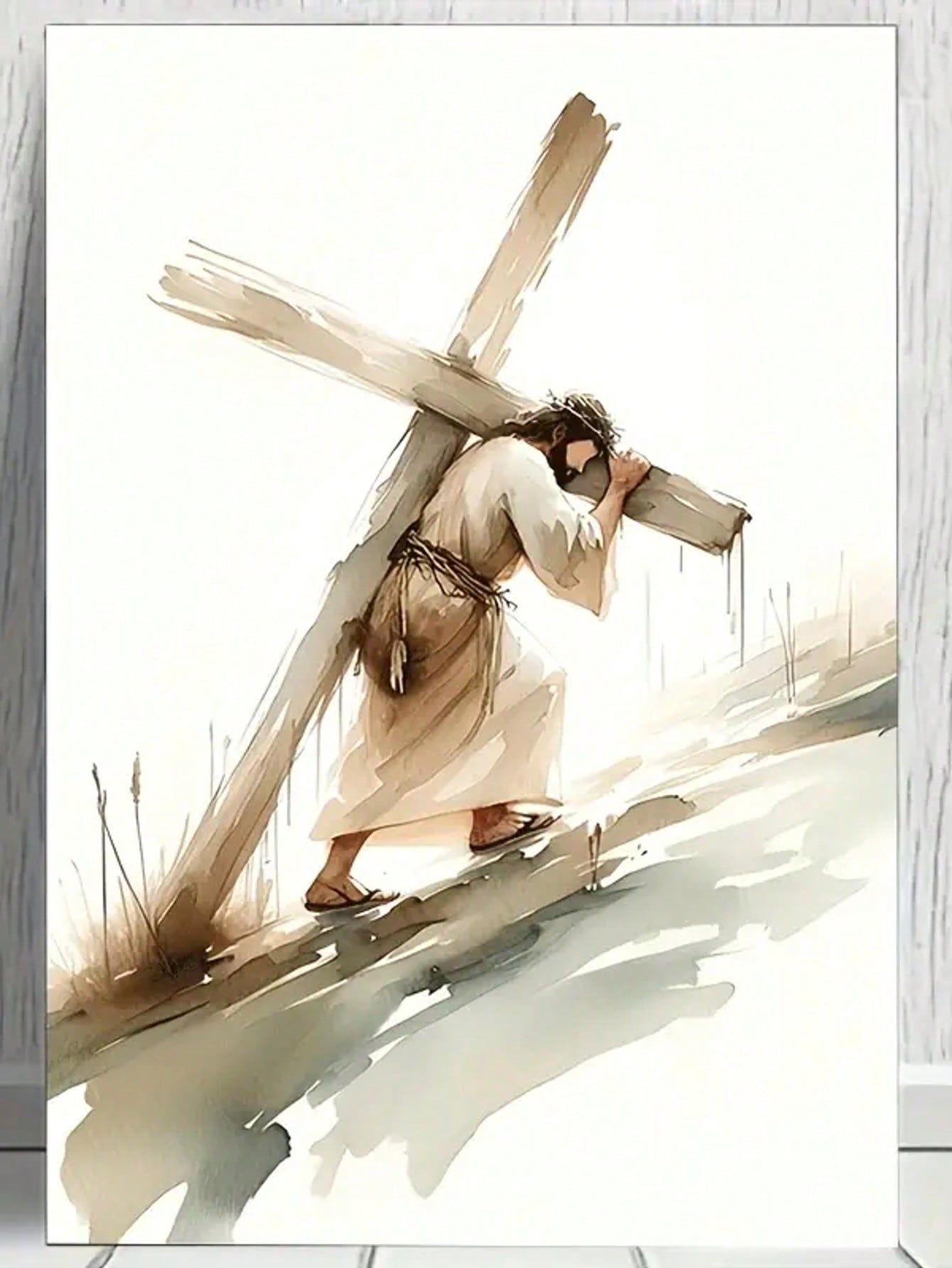 1pc Framed Canvas Painting,Wooden Framed Canvas Painting Jesus Carries Cross Wall Art Painting   Living Room Home Christian Art Canvas Easter Gifts,Room Decor,Wall Art,Bedroom Wall Art,Wall Art Decor,Wall Decor,Canvas Wall Art,Framed Wall Art,High Resolution Wrapping Canvas
