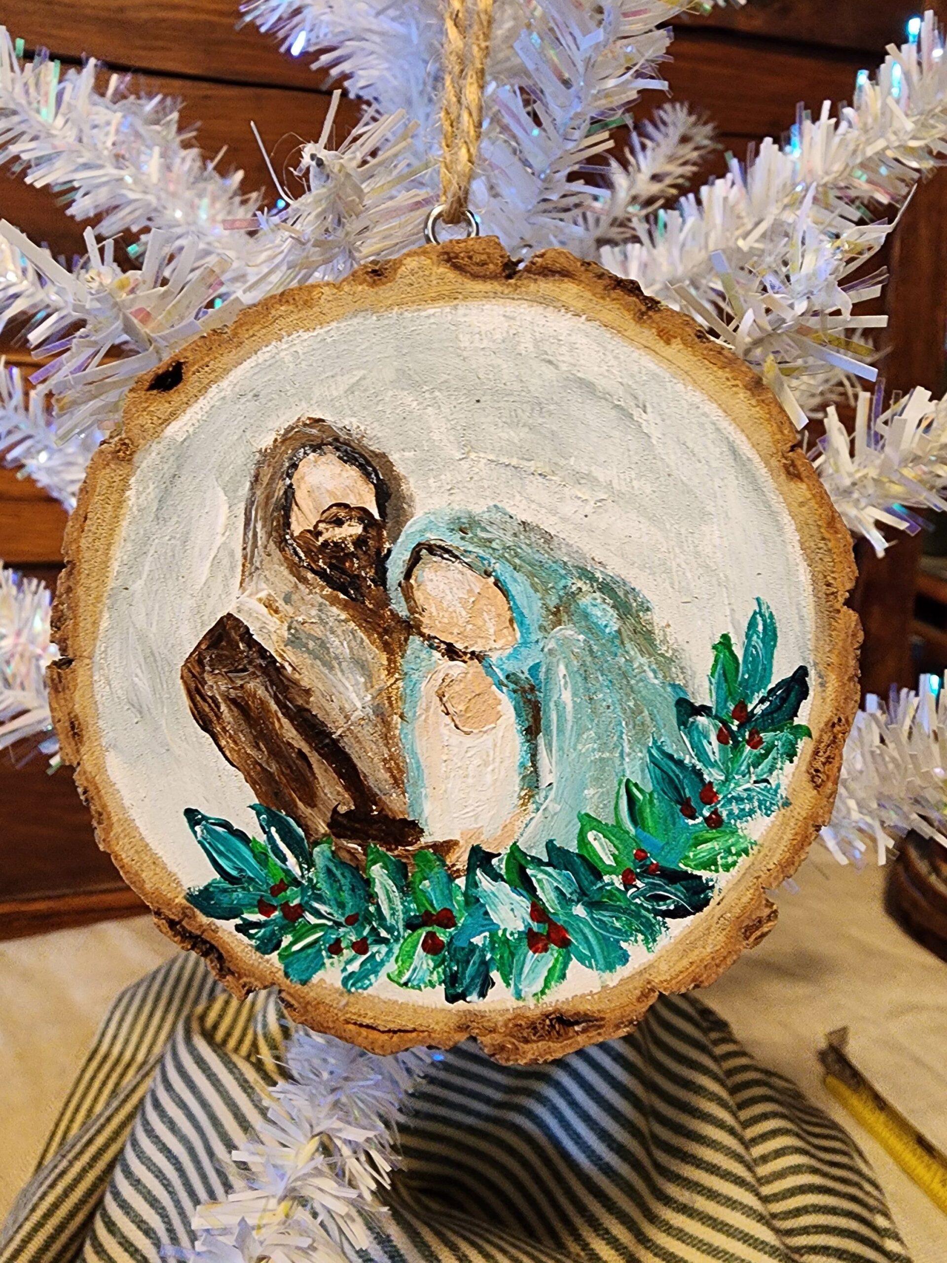 Mary, Joseph and Baby Jesus, Wood Slice Ornament.