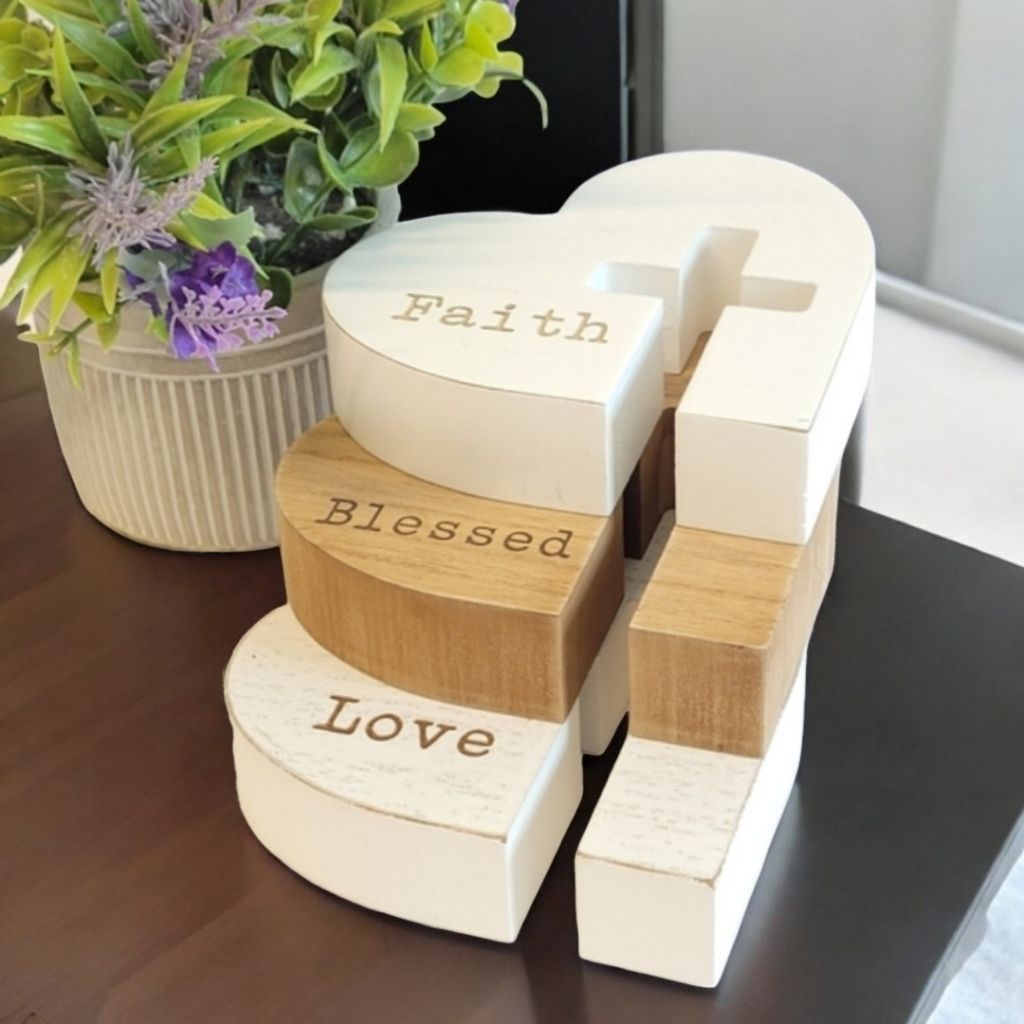 Set Of 3 Carved Wooden Hearts With Cross Faith Blessed And Love Inscribed | Color: Brown/White | Size: Os