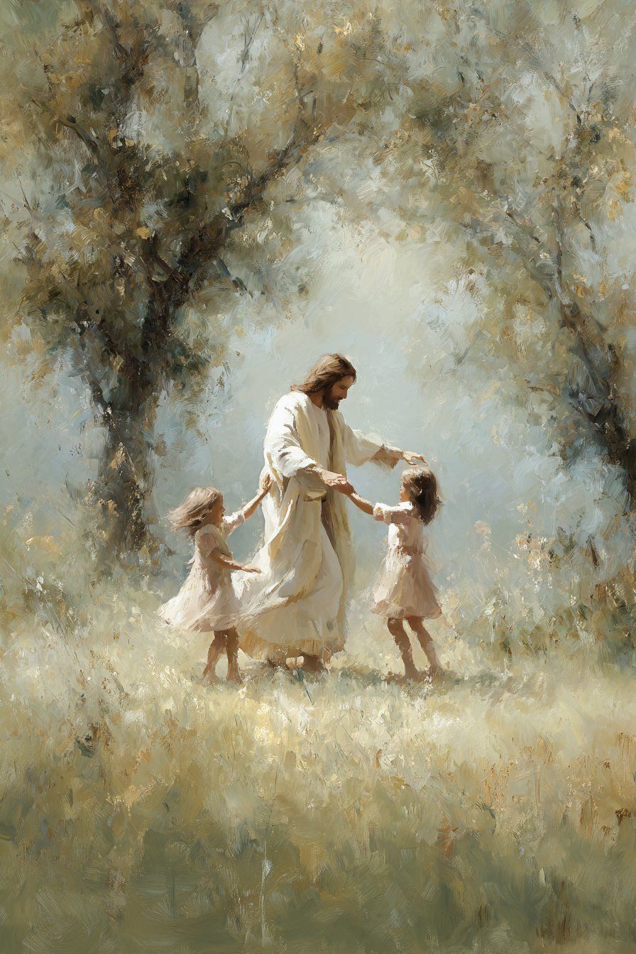 Jesus With Children In The Meadow Christian Canvas