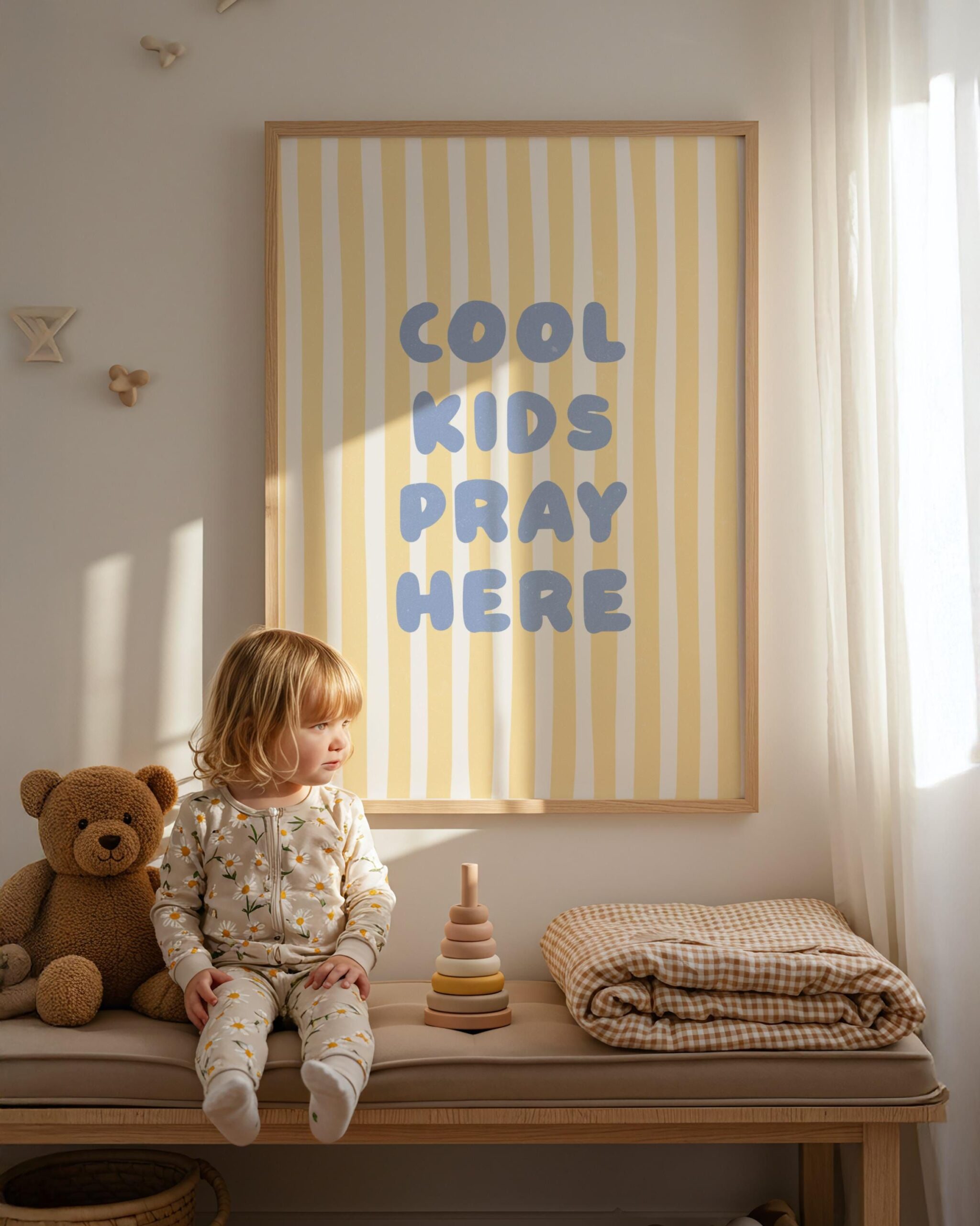 COOL KIDS PRAY Here Impressions d’art chrétien, esthétiques modernes et audacieuses, art mural chrétien, impressions murales de chambre d’enfants jaune bleu